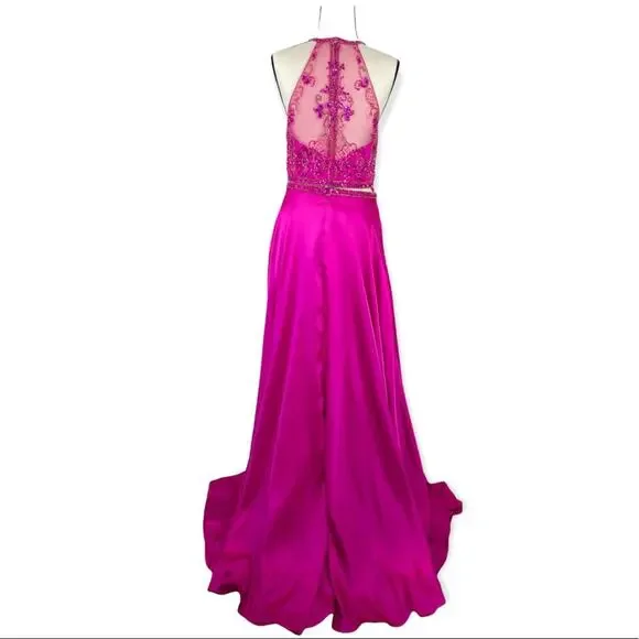 Mori Lee Fuchsia Embellished 2 Piece Prom Dress Size 10 Halter Gown - Picture 11 of 16